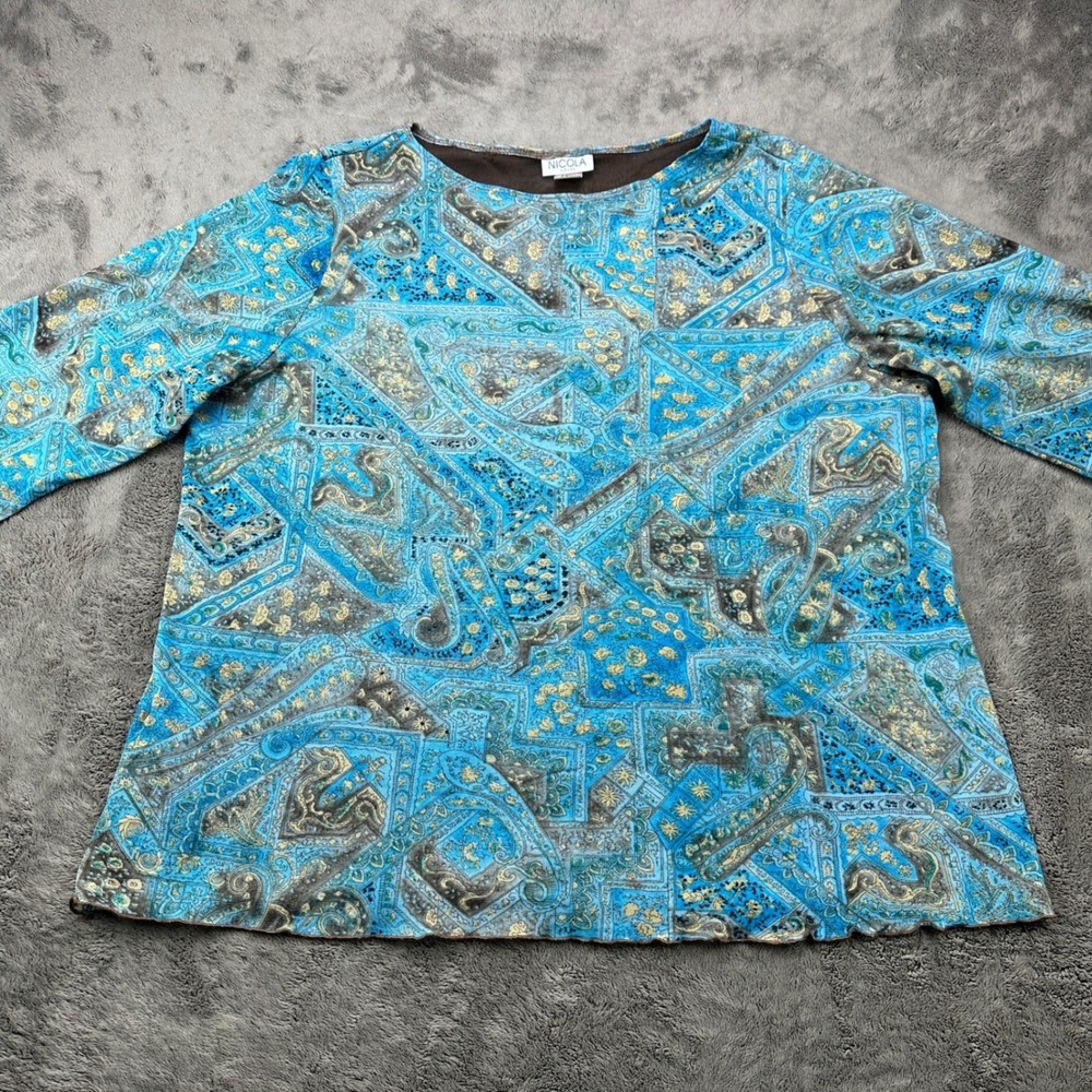Nicola Woman 3XL Paisley Print Blouse Blue‎ Mesh 3/4 Sleeve Lettuce Edge 58P77L